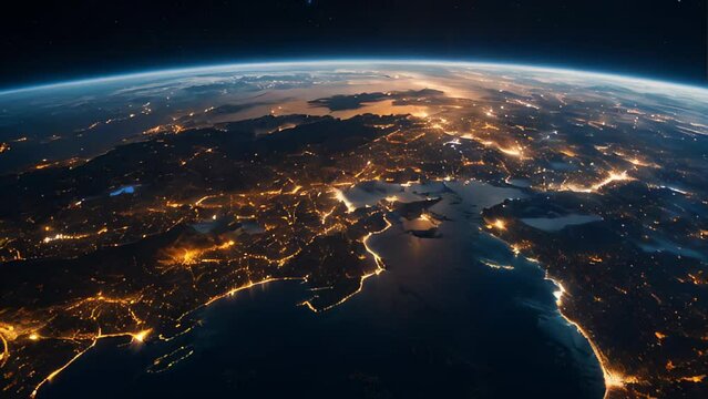 A view of the Earth at night, with the lights of cities