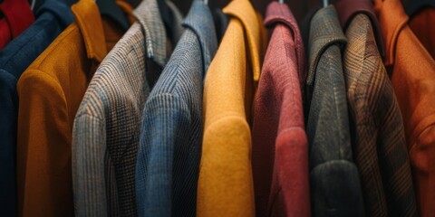 A row of jackets hanging on a rack, with some in yellow and some in red