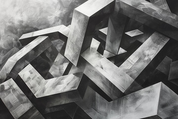 A grayscale digital artwork featuring hexagonal shapes intertwining against a metallic, silver-toned backdrop, evoking a sense of digital mystique