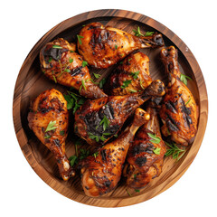multiple grilled chicken drumsticks on a wooden plate  . Clipart PNG image . Transparent background