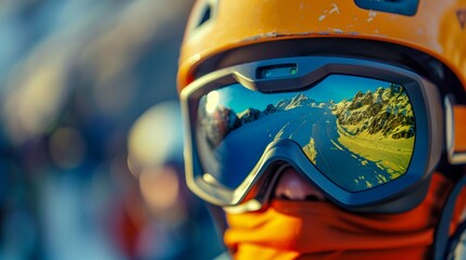 Skier reflected in ski goggles showing a mountainous landscape. Winter sports and adventure concept. Design for poster, sports gear advertisement.