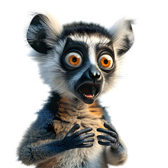 A 3D animated cartoon render of a surprised lemur pointing out a dangerous drop to hikers.