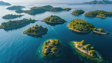 A breathtaking aerial view of a cluster of small islands surrounded by crystal clear water in the...