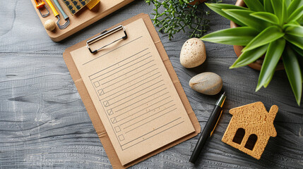 flat lay top view of A blank checklist and household objects on the desk 