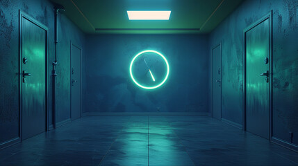 A sleek, dark blue wall with a futuristic LED clock in neon green.