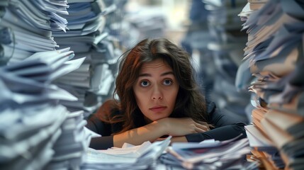 Stress at paper work concept. Overwhelmed woman surrounded by piles of paper in an office setting. Close-up portrait with focused expression. Corporate wellness, mental health awareness poster.