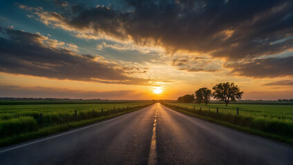 Tranquil Road, Empty Road, Green Fields, Sunset Clouds.