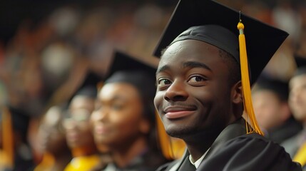 Graduating student smiling proudly at graduation ceremony. Close-up portrait in cap and gown. Education success and achievement concept. Design for graduation announcements, celebration invitations.