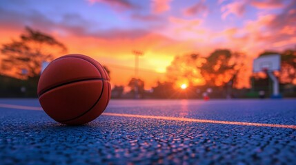 Basketball on an outdoor court at sunset with colorful sky. Court close-up with warm tones. Urban sports and recreation concept. Design for sports event posters, urban youth activities banners.