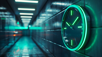 A sleek, dark blue wall with a futuristic LED clock in neon green.