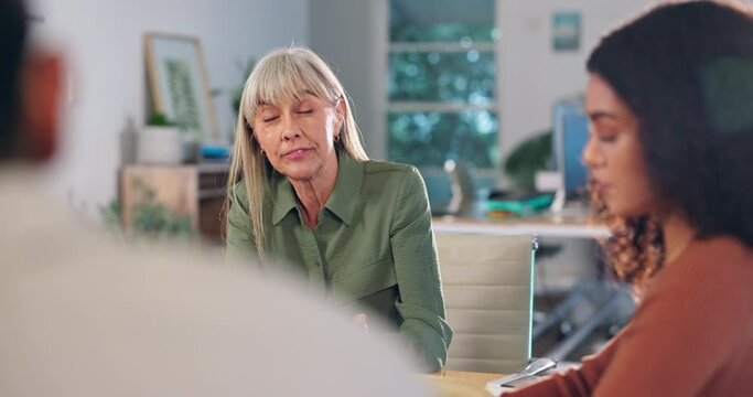 Woman, talking and creative business meeting in office, discussion and hand gesture for strategy with tablet. Online, project and website launch with notes for company plan, design agency and manager