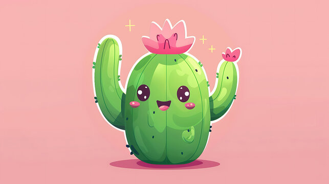 A character in the kawaii style. The cute cactus is dressed in simple and straightforward clothes. He has bright and expressive facial features, with large, expressive eyes.