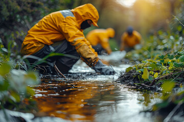 A community organizing a clean-up initiative to restore a polluted river to its former glory, promoting environmental stewardship. Concept of community environmental action. Generative Ai.