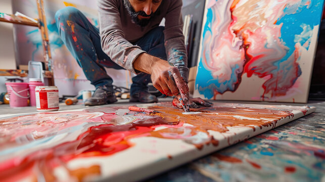 low angle view of Artist-painter working on painting in studio 