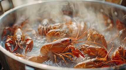 crayfish are cooked in a pot