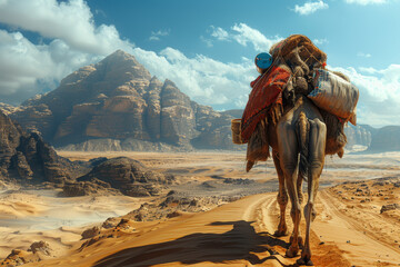 A camel carrying supplies across a desert landscape, assisting humans in traversing harsh terrain....
