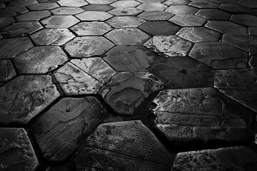 A grayscale photograph capturing the intricate textures of hexagonal stone tiles on a weathered, urban pathway, hinting at the passage of time in the cityscape