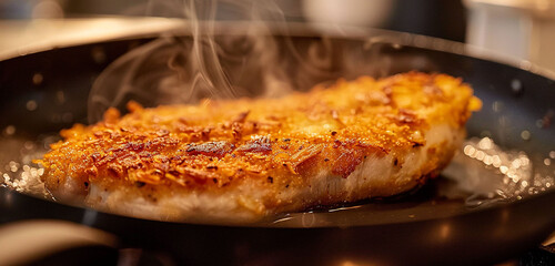 A golden-brown Backhendl cutlet sizzling in a pan, emitting tantalizing aromas.