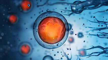 Fertilization of an egg in the laboratory. Abstract illustration on blue background