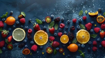 Mix of berries and citrus fruits on dark blue backdrop