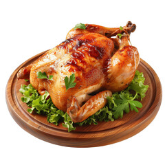 whole roasted chicken on a wooden plate . Clipart PNG image . Transparent background