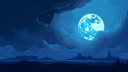 Big Moon. A forest against a starry sky. Luminous full moon framed by silhouette of whispering pines against deep indigo background.