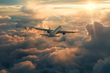 Airplane flying above dramatic clouds, aerial view 
