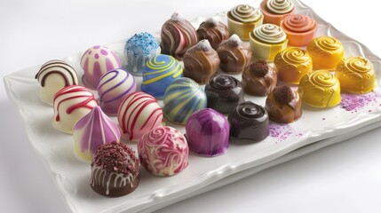 A decadent of colorful, artisanal chocolates arranged on a pristine white platter