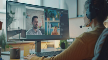 Close-up: remote manager welcoming new team member via video call, highlighting adaptation of traditional onboarding practices to remote work environments. Copy space for text.