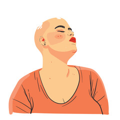 Bald woman confidently looking up, eyes closed, serene expression. Head slightly tilted back, displaying empowerment strength. Female portrait, orange shirt, minimalistic style, solid background