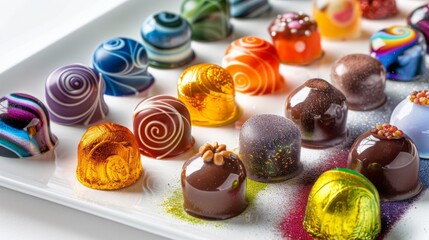 A decadent array of colorful, artisanal chocolates 