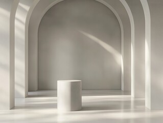 Naklejka premium A serene, minimalist interior space featuring arches and soft lighting with a single cylindrical object.