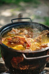 fish soup is cooked in a cauldron outdoors