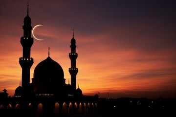 Fototapeta premium Enchanting Mosque evening sky twilight. Moon light. Generate Ai