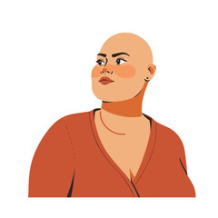 Bald woman confident gaze, empowered female, cancer patient illustration. Strong young adult, feminine power, breast cancer awareness design. Courageous bald person, health struggle, vector