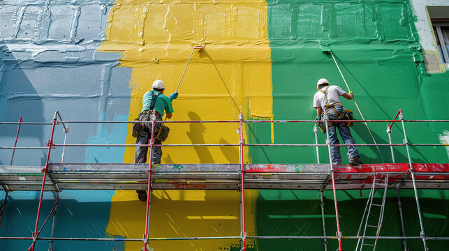 rear view of Painters painting exterior of building