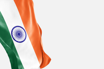 National flag of India flutters in the wind. Wavy India Flag. Close-up front view.