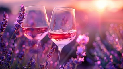 glasses with pink wine on lavender background