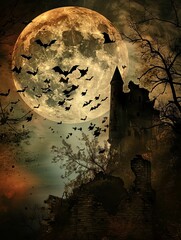 A captivating image showcasing a swarm of bats abandoning their crumbling castle tower abode against a backdrop of the full moon's ominous glow, encapsulating the enigmatic spirit of Halloween. - obrazy, fototapety, plakaty