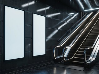 Empty advertisement billboards next to an escalator in a sleek metro station setting, implying...