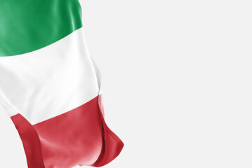 National flag of Italy flutters in the wind. Wavy Italy Flag. Close-up front view.