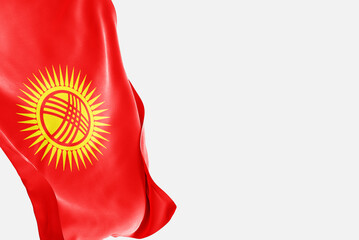 National flag of Kyrgyzstan flutters in the wind. Wavy Kyrgyzstan Flag. Close-up front view.
