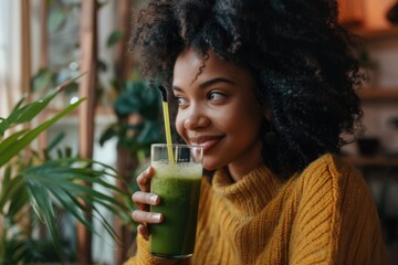 Health Drink. African American Woman Enjoying Green Juice with Reusable Bamboo Straw in Stylish...