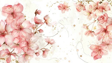 This exquisite watercolor painting showcases a beautiful bouquet of cherry blossoms, with soft pastel pinks and whites. The delicate petals and subtle shading create a fragile and graceful image,