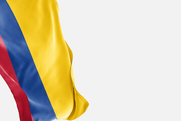 National flag of Colombia flutters in the wind. Wavy Colombia Flag. Close-up front view.