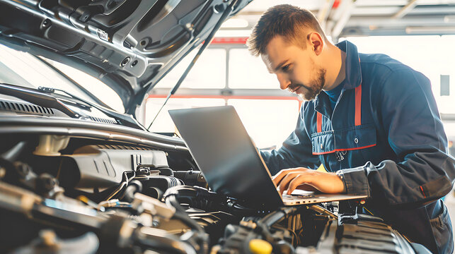 Mechanic Using Laptop for Car Engine Diagnostic in Garage