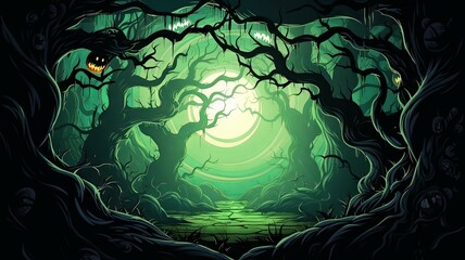 A of an ethereal enchanted forest, filled with twisted roots and glowing fungi, bathed in the gentle light of a full moon peeking through the trees. The perfect backdrop for wallpapers and designs,