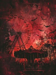 A wallpaper featuring a creepy Halloween carnival with a vintage carousel. The horses have ghoulish expressions, while a Ferris wheel is silhouetted against a blood-red sky. Scattered costumed