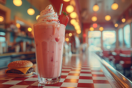 A retro-style diner serving milkshakes and burgers on checkered tablecloths, harkening back to the American diners of the 1950s. Concept of nostalgic dining experience. Generative Ai.