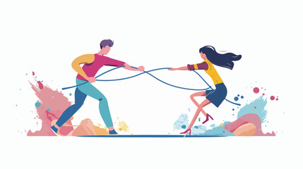 Man and woman are pulling the rope in one direction.